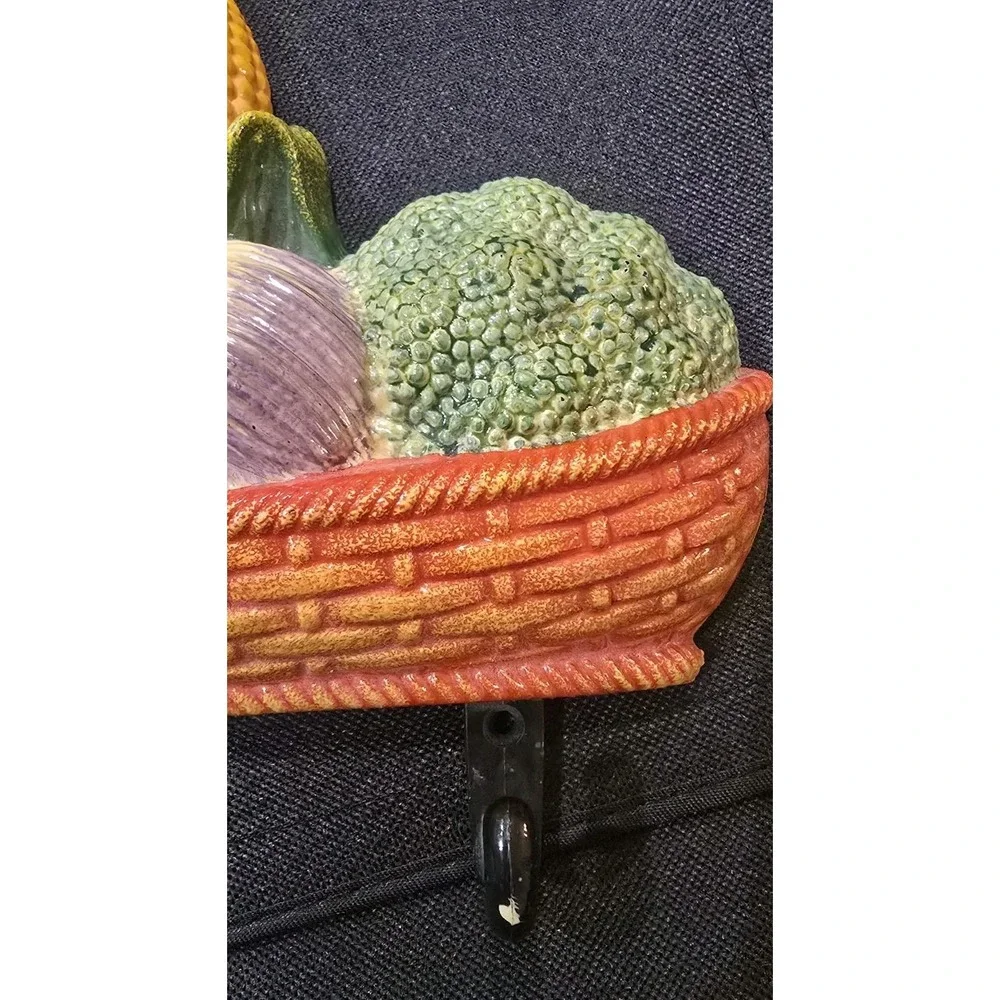 Vintage Veggie Weave Basket Wall Decor Hanging Plaque 3 Hooks Kitchen 1970s